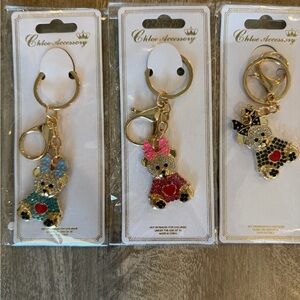 Party Pack- Gold Teddy Bear Bag Charm Keychain Blue, Pink and Black - Set of 3